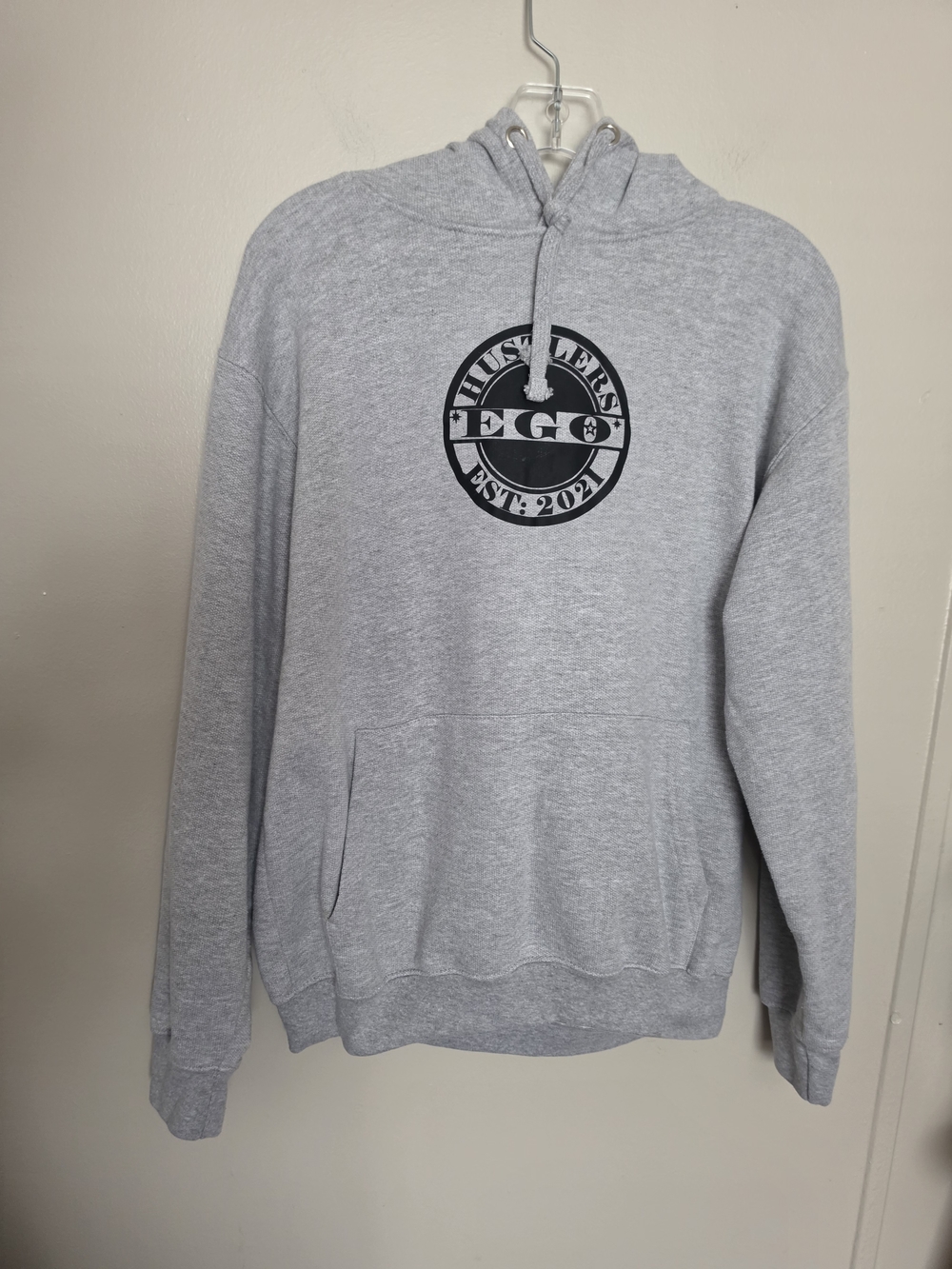 HUSTLERS EGO Grey Graphic Hoodie Sweatshirt Medium Gemrock EST 2021